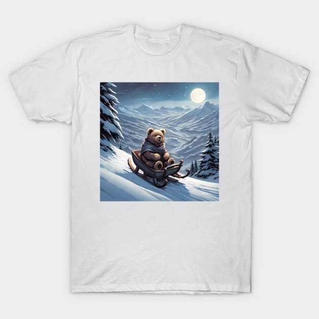 Teddy on a sledge riding down a hill in the snow T-Shirt by Colin-Bentham